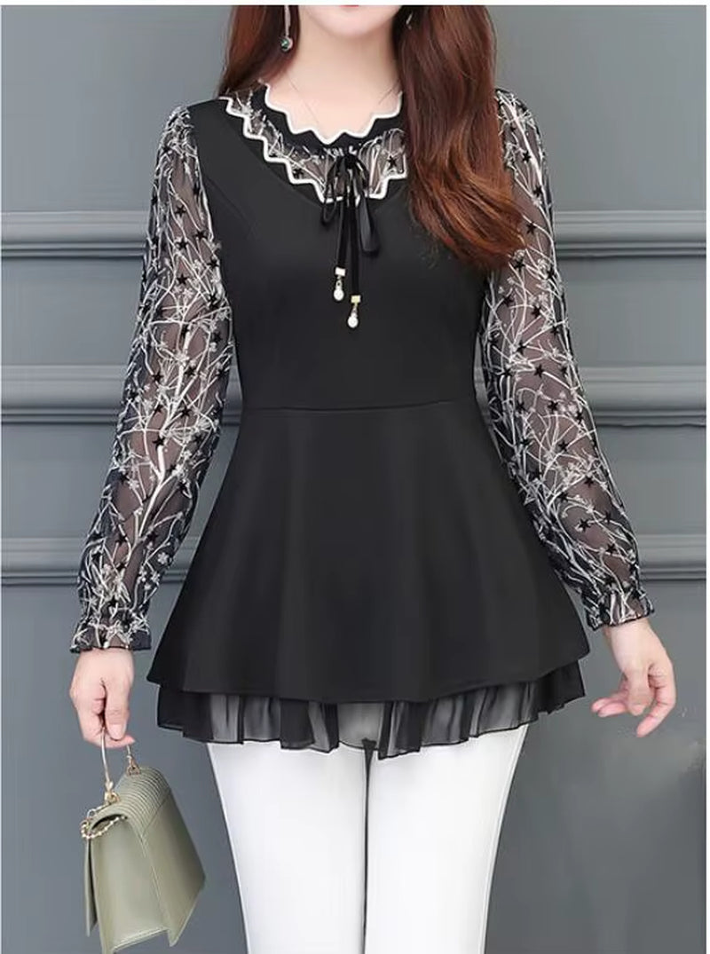 2022 Women Elegant Office Lady Retro Vintage Loose V Neck Peplum Tops Work Peplum Black Lace Long Tunic Basic Shirt Blouse