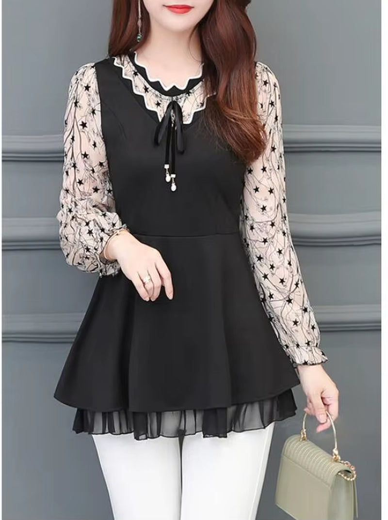 2022 Women Elegant Office Lady Retro Vintage Loose V Neck Peplum Tops Work Peplum Black Lace Long Tunic Basic Shirt Blouse