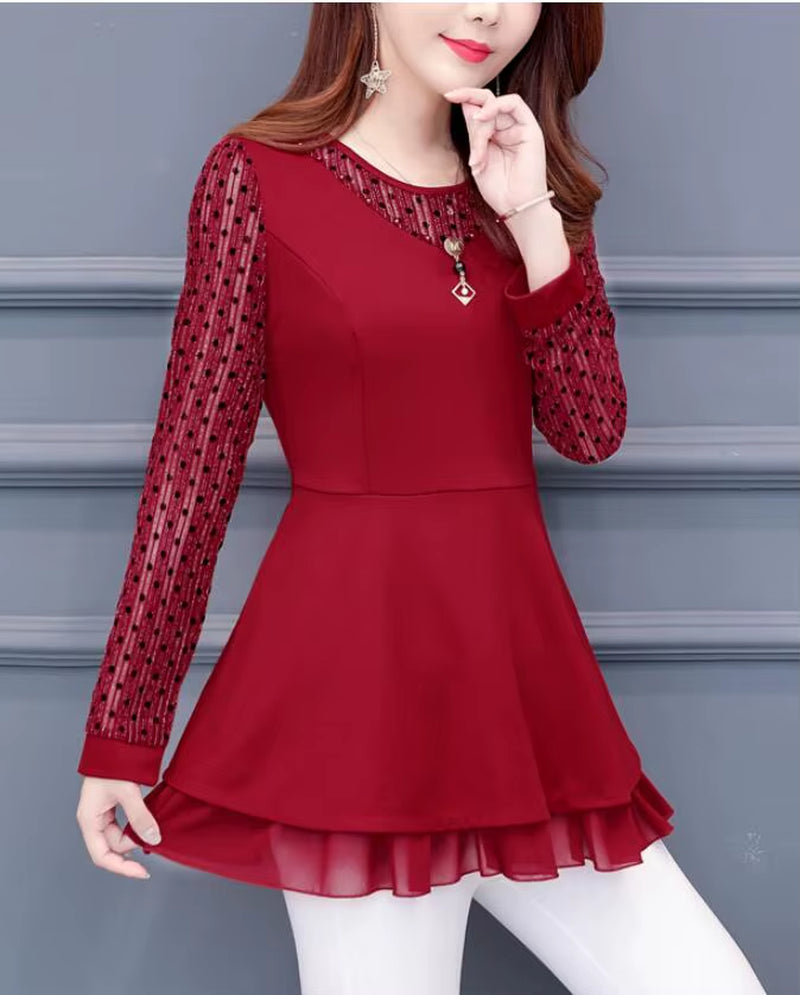 2022 Women Elegant Office Lady Retro Vintage Loose V Neck Peplum Tops Work Peplum Black Lace Long Tunic Basic Shirt Blouse