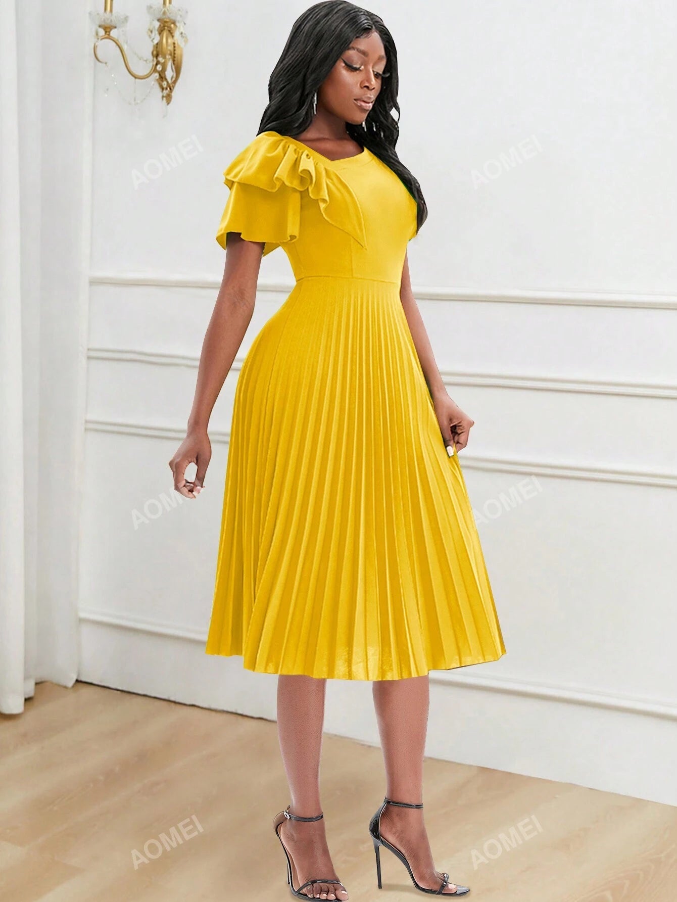 Asymmetrical Neck Ruffle Trim Pleated Hem Dress