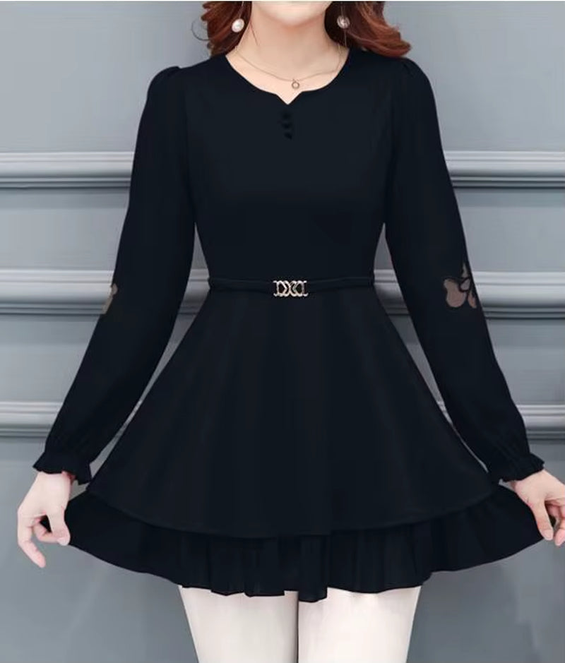 2022 Women Elegant Office Lady Retro Vintage Loose V Neck Peplum Tops Work Peplum Black Lace Long Tunic Basic Shirt Blouse