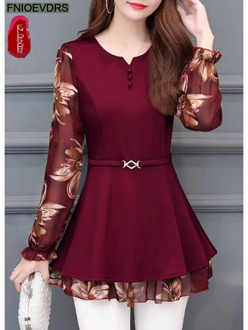 2022 Women Elegant Office Lady Retro Vintage Loose V Neck Peplum Tops Work Peplum Black Lace Long Tunic Basic Shirt Blouse