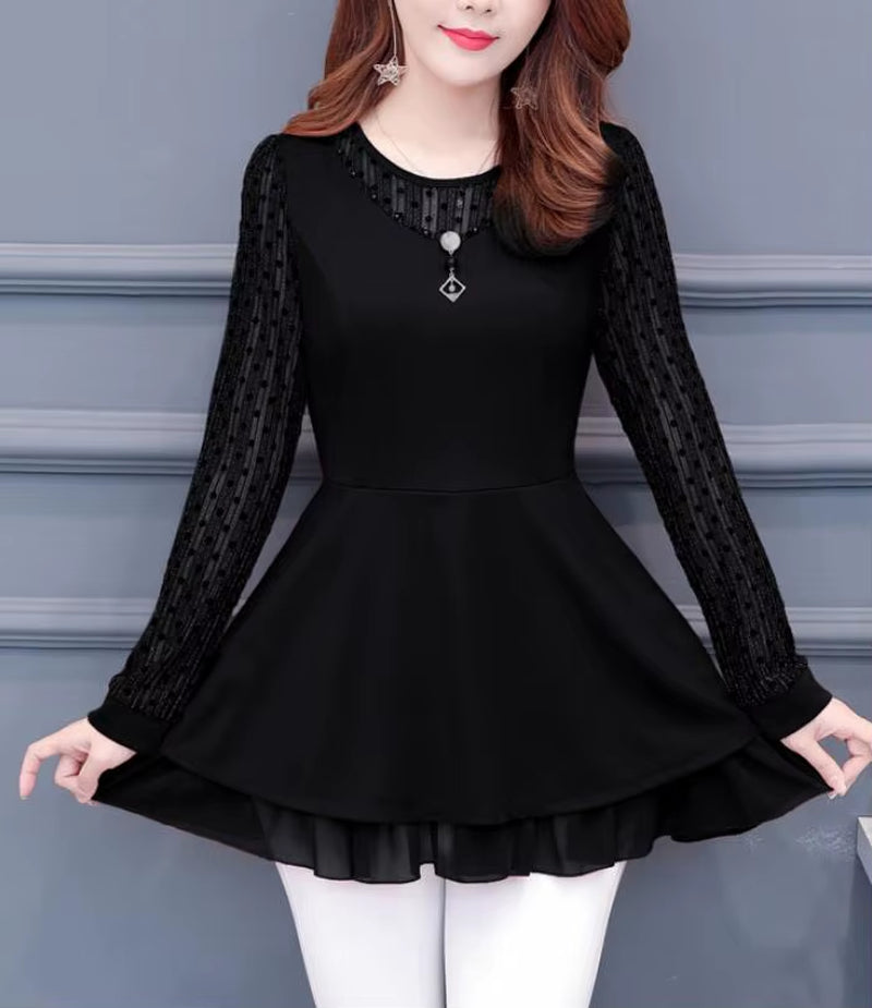 2022 Women Elegant Office Lady Retro Vintage Loose V Neck Peplum Tops Work Peplum Black Lace Long Tunic Basic Shirt Blouse