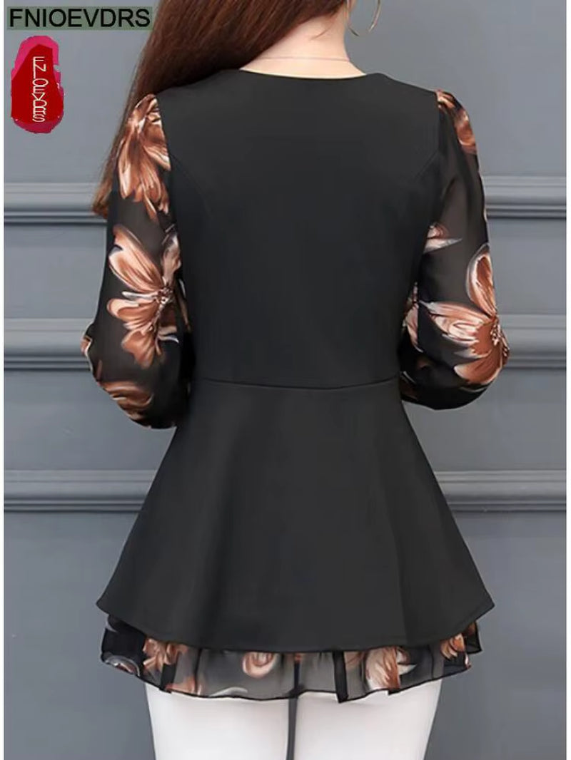 2022 Women Elegant Office Lady Retro Vintage Loose V Neck Peplum Tops Work Peplum Black Lace Long Tunic Basic Shirt Blouse