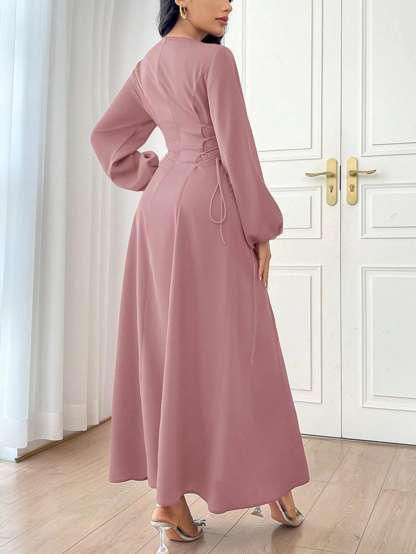 Modely Burgundy Red Women'S Solid Color Simple Daily Long Sleeve Dress Party Elegant Evening Long Sleeve Maxi Dress Long Evening Dresses