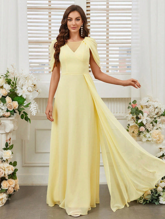 Belle Women'S Romantic and Elegant Yellow Flowing Chiffon Fabric Cap Sleeves V-Neck Floating Film with Floating Panels Pleated Sleeve & Ribbon Detail Fallen Leaf Splicing at the Hem Bridesmaid Dress