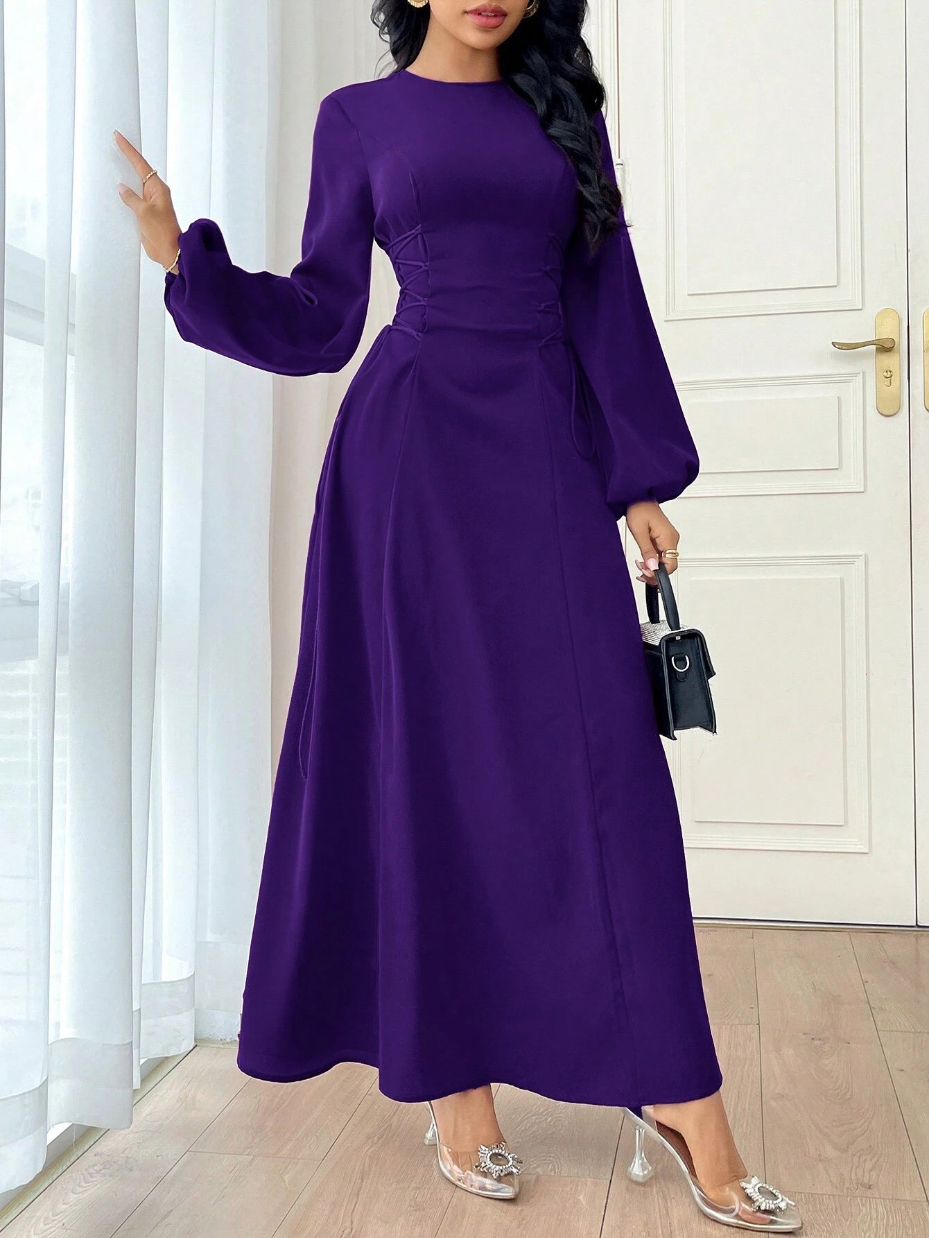 Modely Burgundy Red Women'S Solid Color Simple Daily Long Sleeve Dress Party Elegant Evening Long Sleeve Maxi Dress Long Evening Dresses