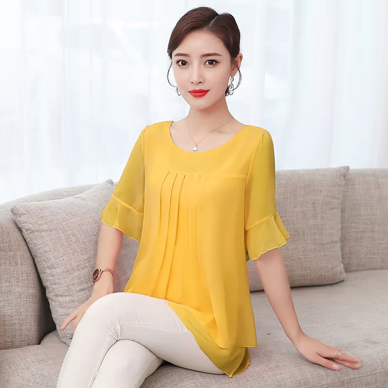 2020 Summer Obesity Mid-Length Chiffon Blouse plus Size 5XL Women Short Sleeve Beautiful Self-Cultivati Shirt Blouse NS4600