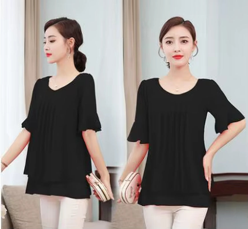 2020 Summer Obesity Mid-Length Chiffon Blouse plus Size 5XL Women Short Sleeve Beautiful Self-Cultivati Shirt Blouse NS4600