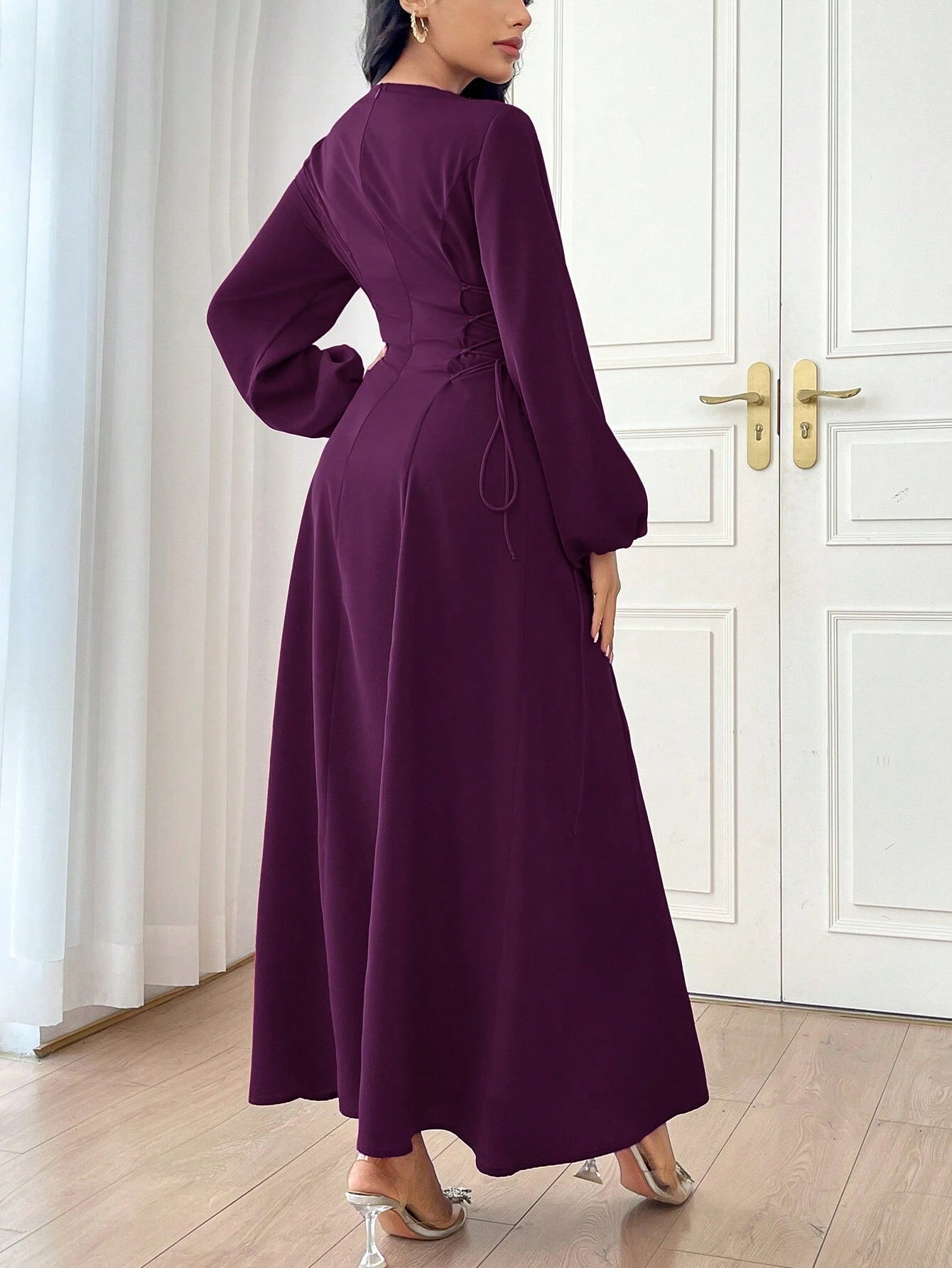 Modely Burgundy Red Women'S Solid Color Simple Daily Long Sleeve Dress Party Elegant Evening Long Sleeve Maxi Dress Long Evening Dresses