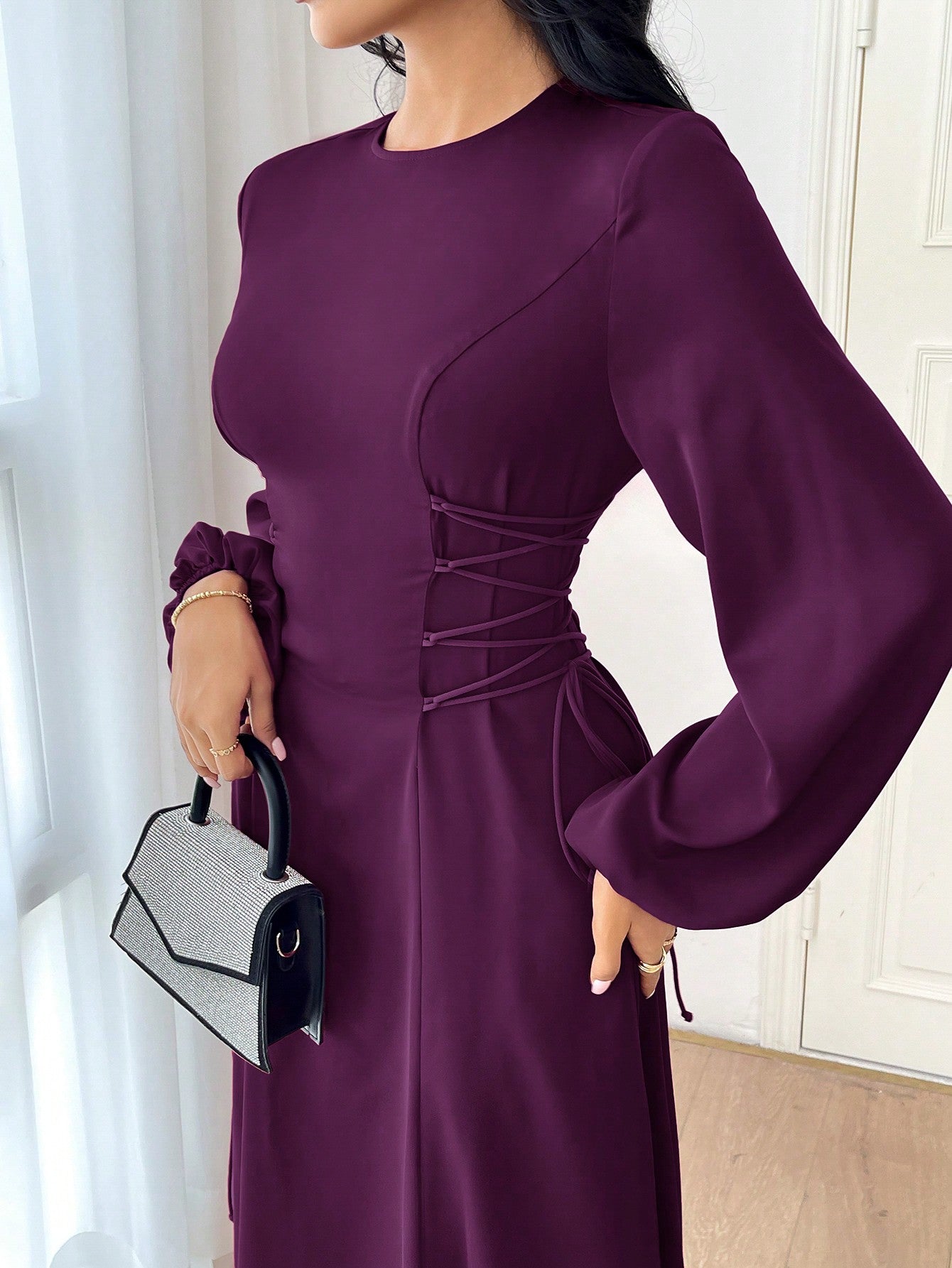 Modely Burgundy Red Women'S Solid Color Simple Daily Long Sleeve Dress Party Elegant Evening Long Sleeve Maxi Dress Long Evening Dresses