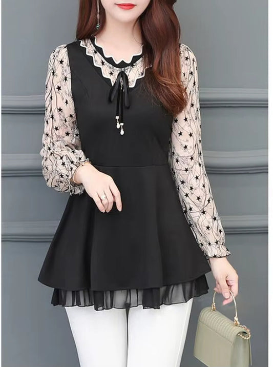 2022 Women Elegant Office Lady Retro Vintage Loose V Neck Peplum Tops Work Peplum Black Lace Long Tunic Basic Shirt Blouse