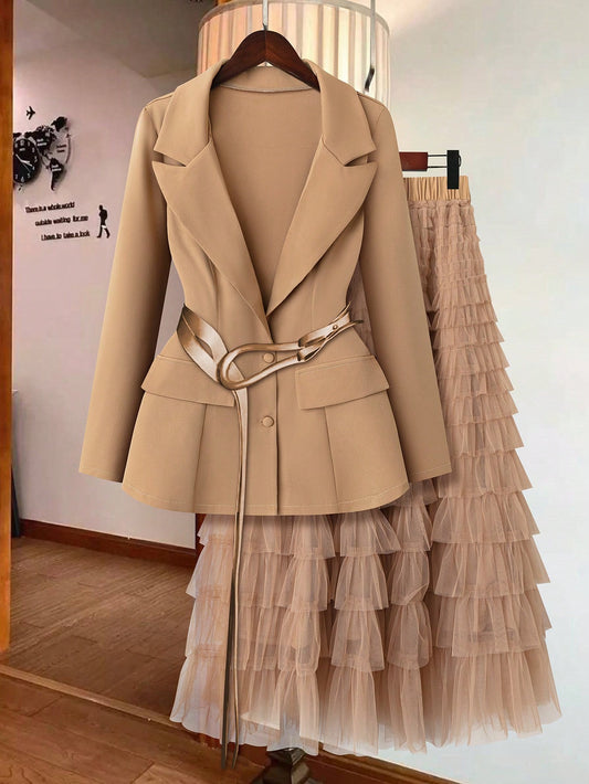 Clasi 2Pcs Set: Fashionable Charming & Romantic Mesh Cake Skirt & Blazer Suits