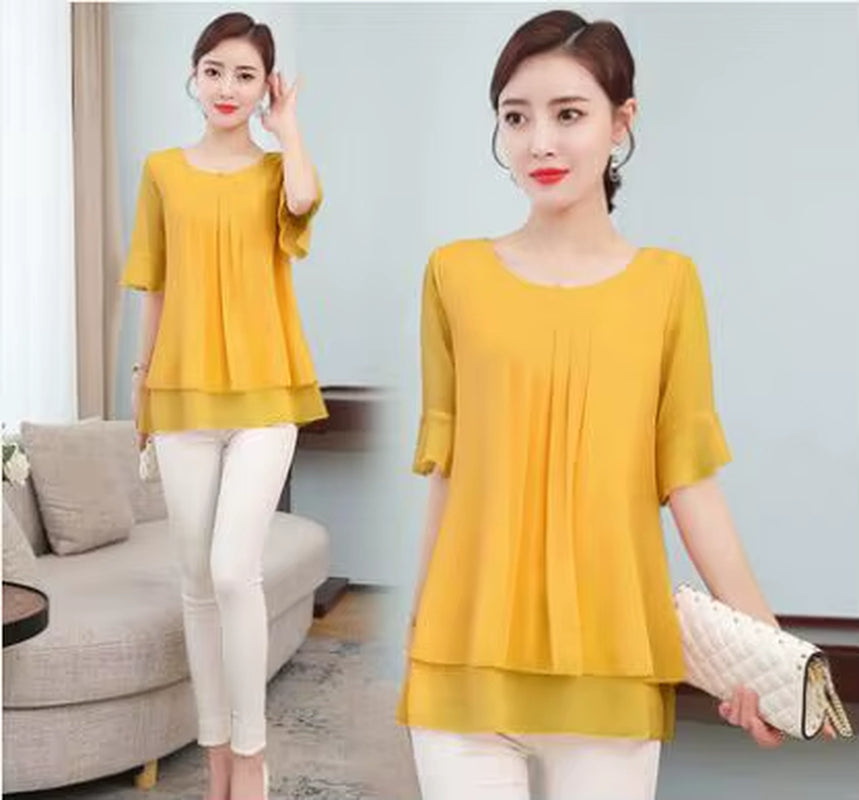 2020 Summer Obesity Mid-Length Chiffon Blouse plus Size 5XL Women Short Sleeve Beautiful Self-Cultivati Shirt Blouse NS4600