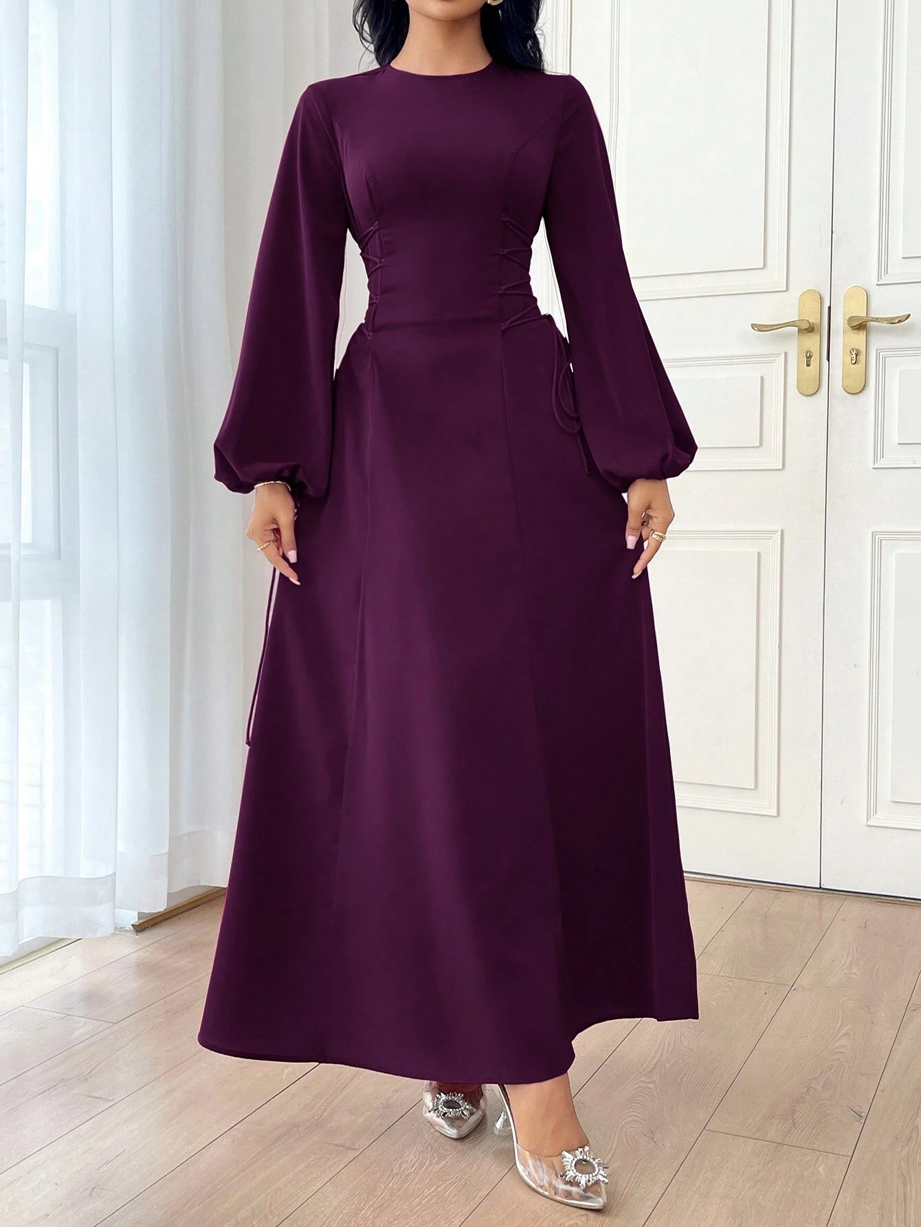 Modely Burgundy Red Women'S Solid Color Simple Daily Long Sleeve Dress Party Elegant Evening Long Sleeve Maxi Dress Long Evening Dresses