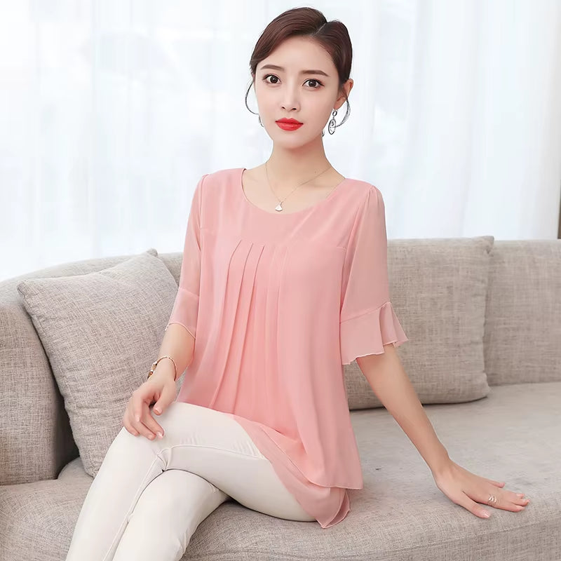 2020 Summer Obesity Mid-Length Chiffon Blouse plus Size 5XL Women Short Sleeve Beautiful Self-Cultivati Shirt Blouse NS4600