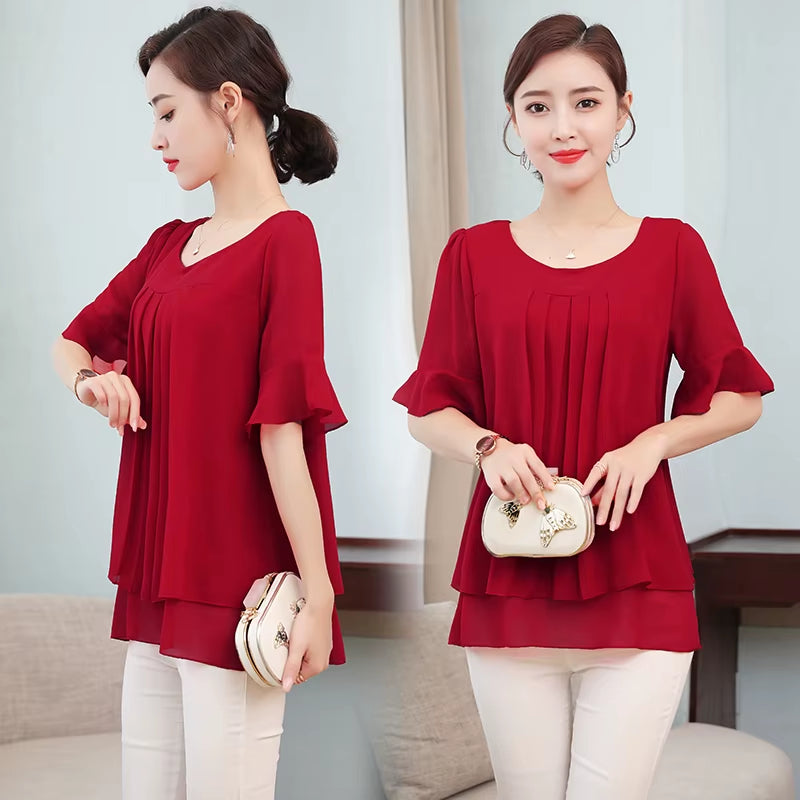 2020 Summer Obesity Mid-Length Chiffon Blouse plus Size 5XL Women Short Sleeve Beautiful Self-Cultivati Shirt Blouse NS4600