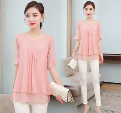 2020 Summer Obesity Mid-Length Chiffon Blouse plus Size 5XL Women Short Sleeve Beautiful Self-Cultivati Shirt Blouse NS4600