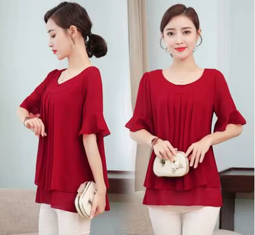 2020 Summer Obesity Mid-Length Chiffon Blouse plus Size 5XL Women Short Sleeve Beautiful Self-Cultivati Shirt Blouse NS4600