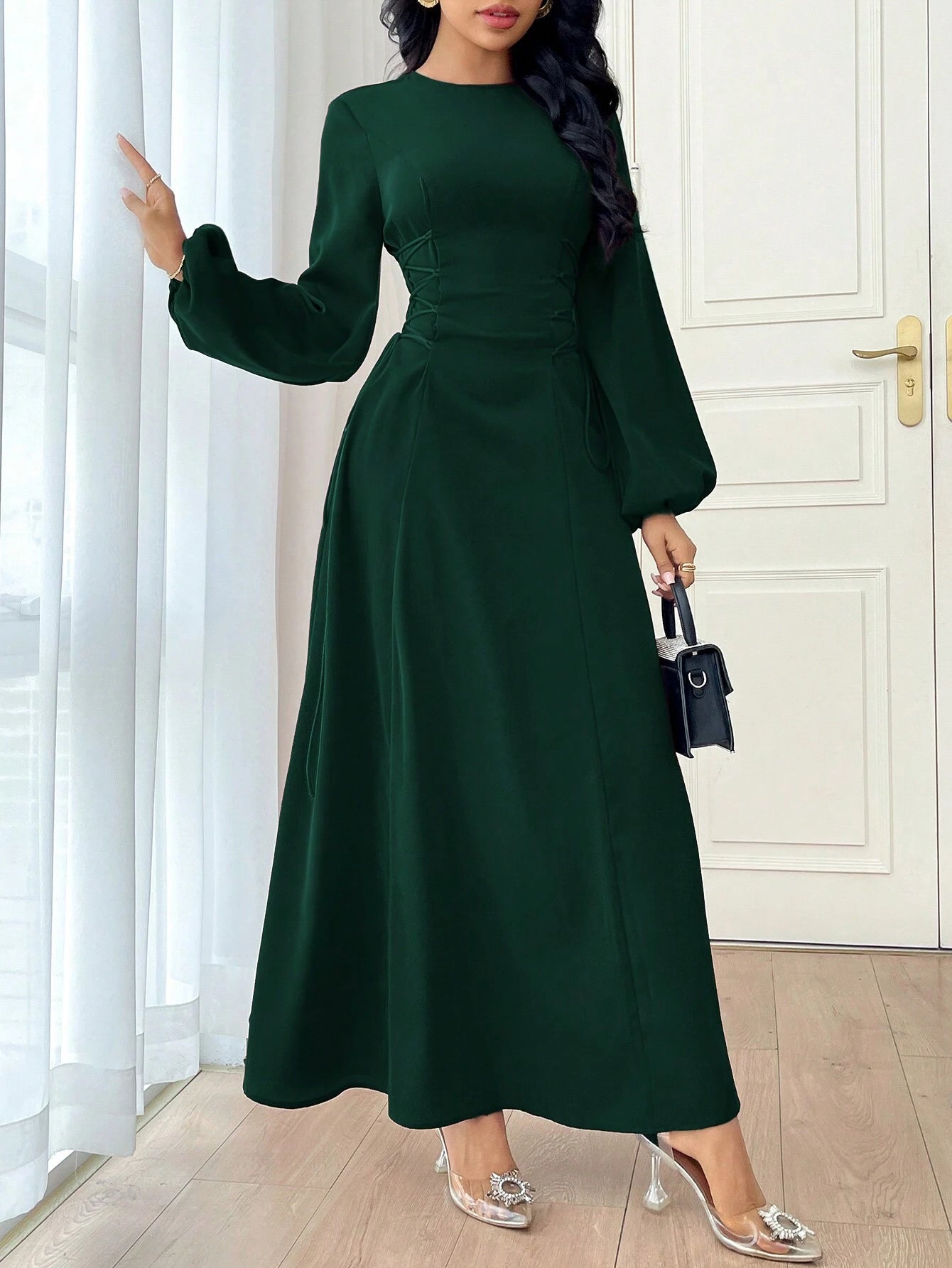 Modely Burgundy Red Women'S Solid Color Simple Daily Long Sleeve Dress Party Elegant Evening Long Sleeve Maxi Dress Long Evening Dresses