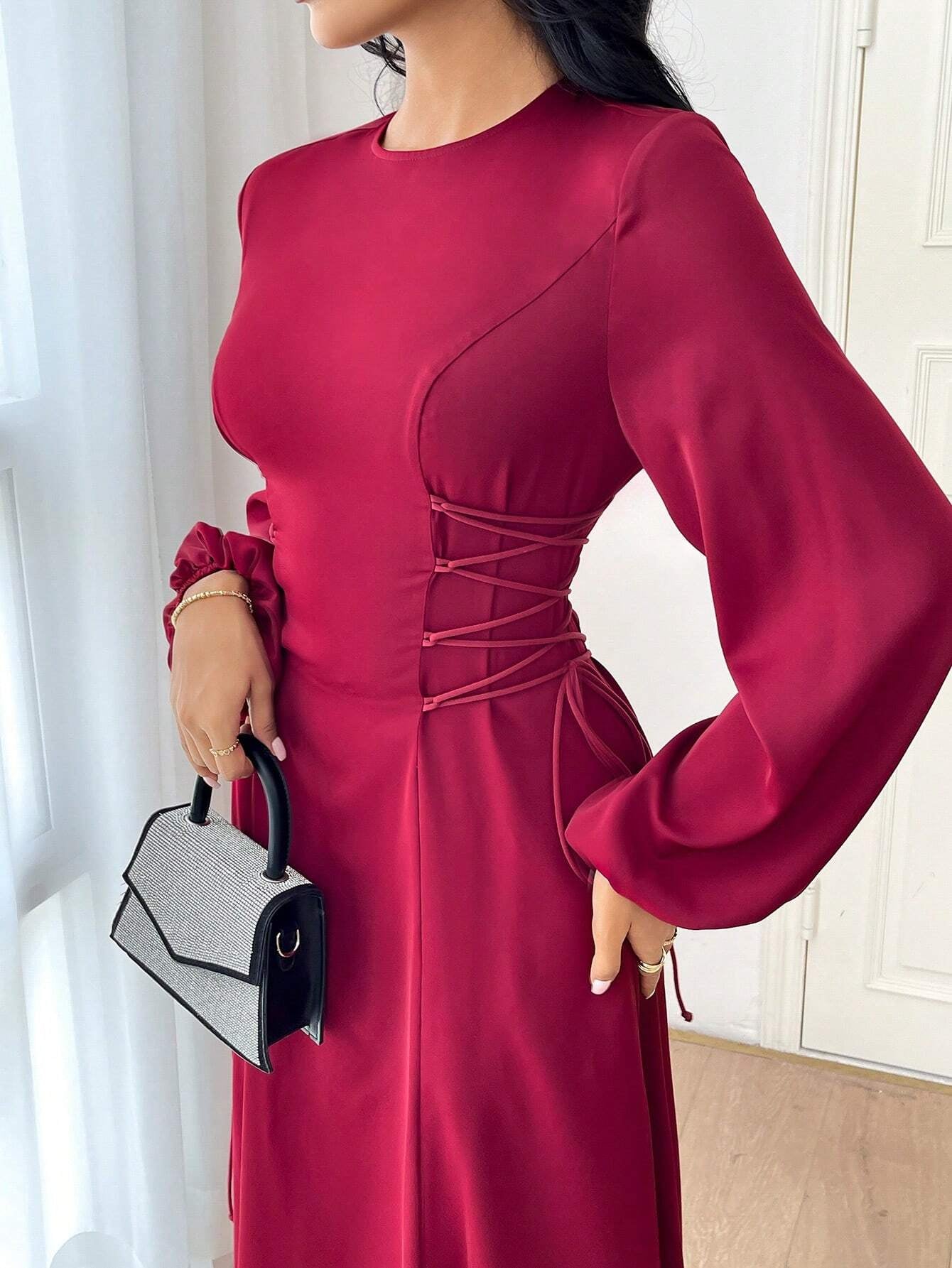 Modely Burgundy Red Women'S Solid Color Simple Daily Long Sleeve Dress Party Elegant Evening Long Sleeve Maxi Dress Long Evening Dresses