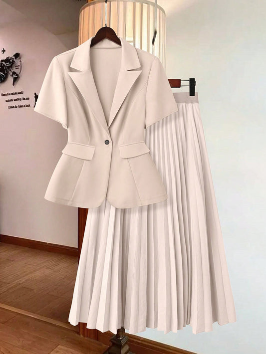Celure plus Size Women Solid Color Short Sleeve Lapel Jacket and Pleated Mini Skirt Suit Set Graduation,Back to School,Teacher Outfits for Women