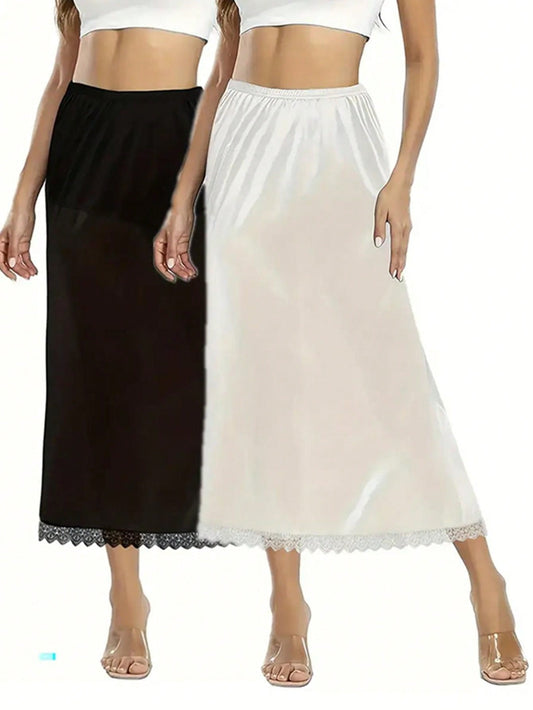 2Pcs Solid Color Half Slip with Lace Trim, Elastic Waist, Women Lingerie and Shapewear Skirt