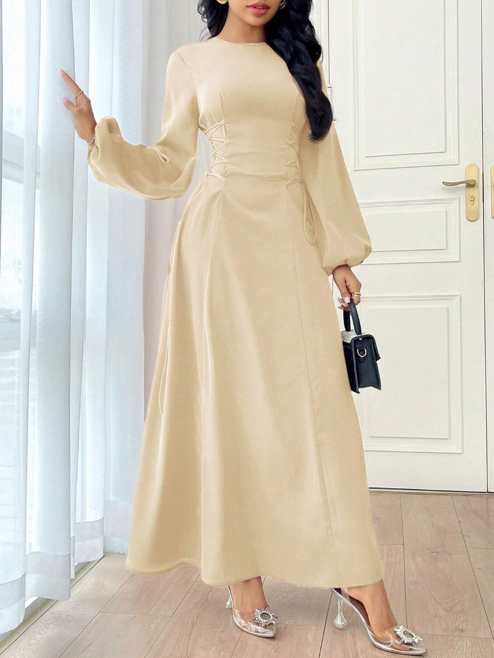 Modely Burgundy Red Women'S Solid Color Simple Daily Long Sleeve Dress Party Elegant Evening Long Sleeve Maxi Dress Long Evening Dresses