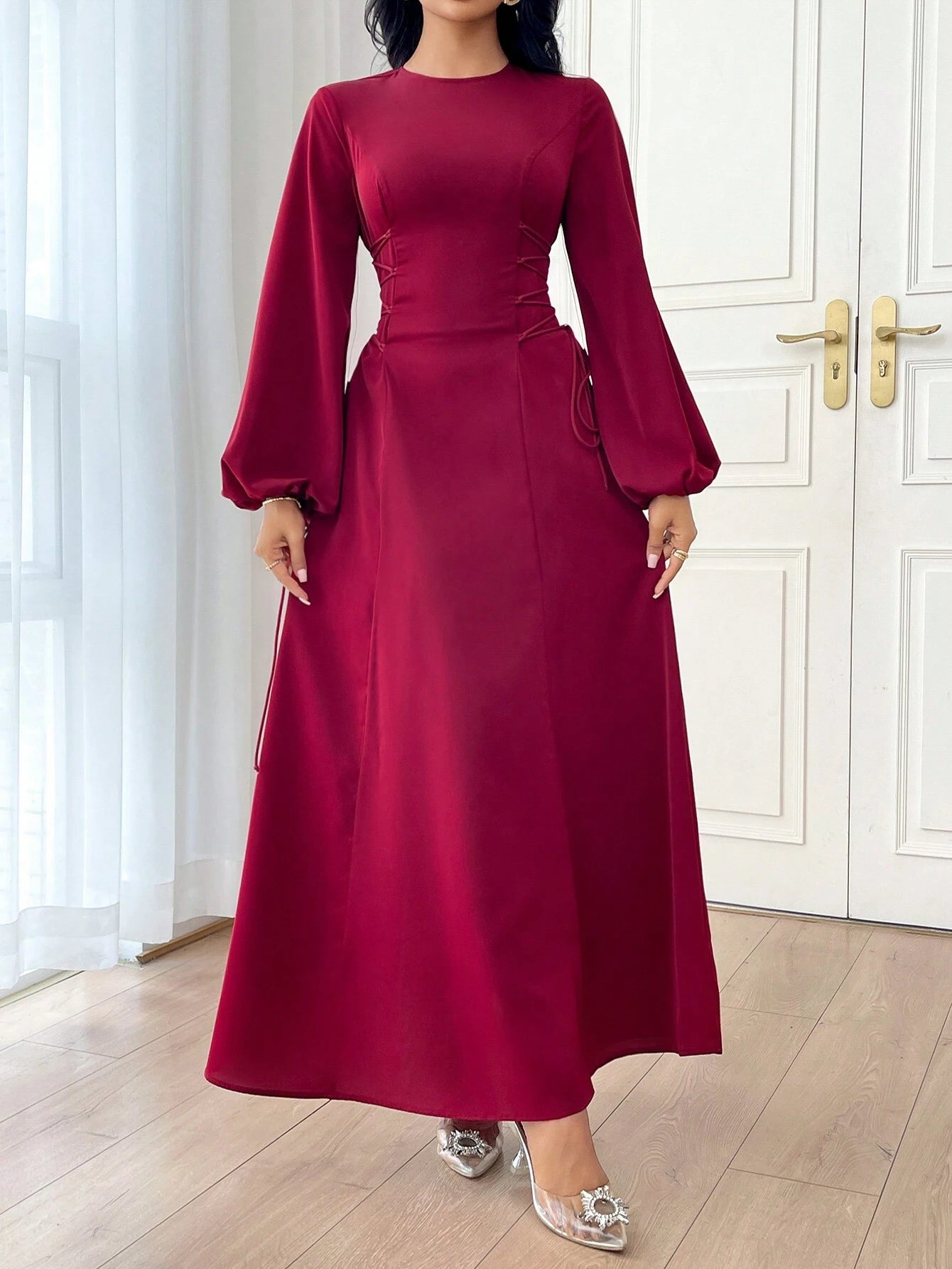 Modely Burgundy Red Women'S Solid Color Simple Daily Long Sleeve Dress Party Elegant Evening Long Sleeve Maxi Dress Long Evening Dresses